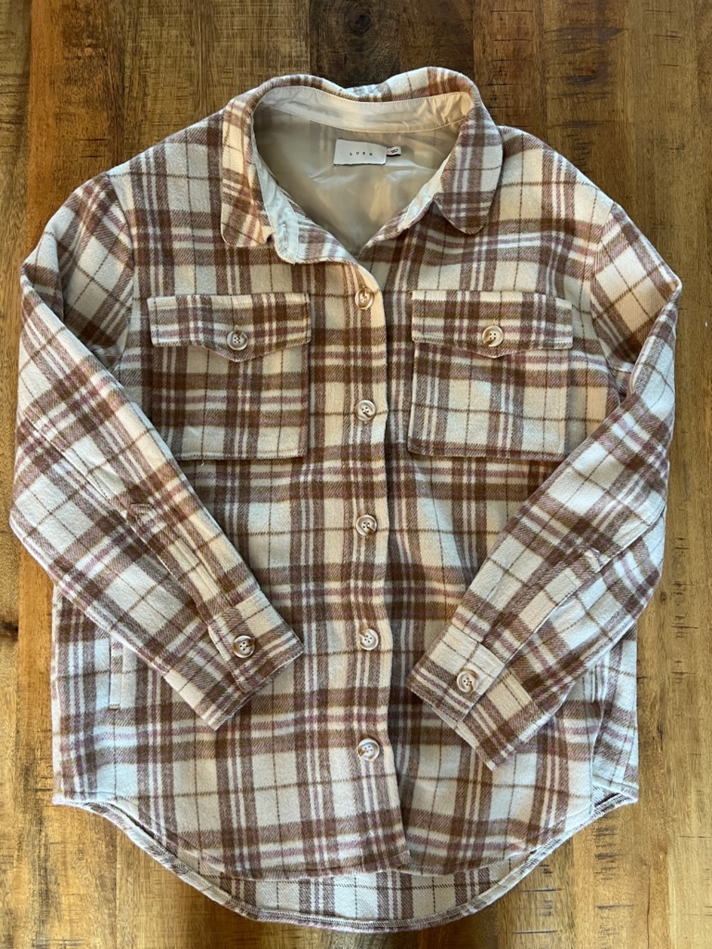 Lush Cream and Brown Plaid Button-Down Shacket
